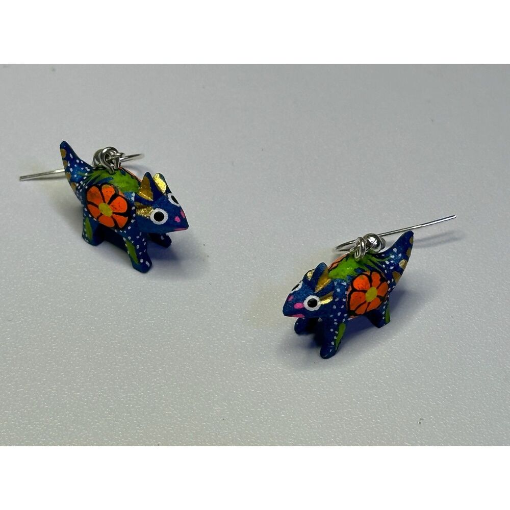 Royal Blue Bull Alebrije Earrings Hand Carved Painted Wood Oaxaca Mexican Folk